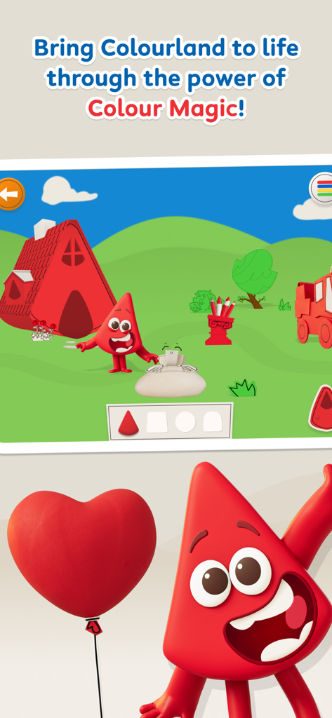 Colorblocks World - Red Colorblock character in a green landscape with a red house and a heart shaped balloon