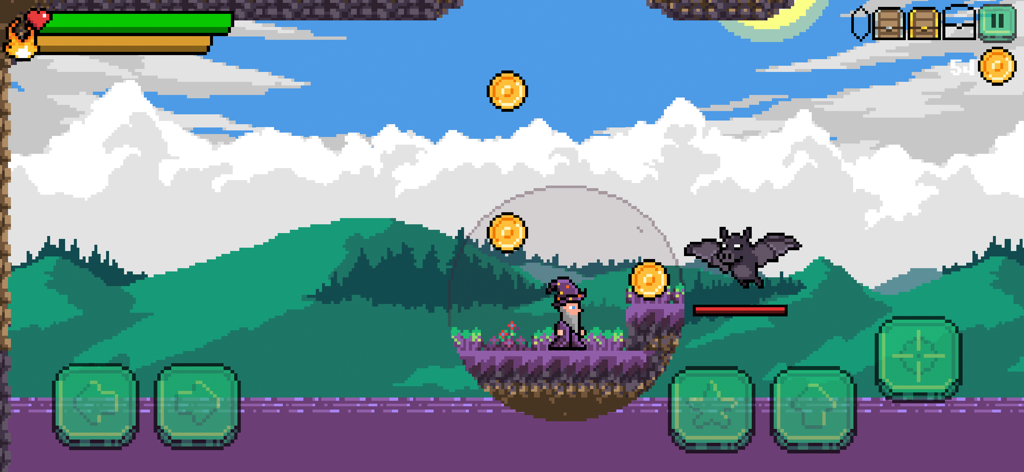 Magic Forest : 2D Platformer - Um mago em pixel art no jogo de plataforma 2D Magic Forest revelando plataformas ocultas dentro de um círculo de magia.