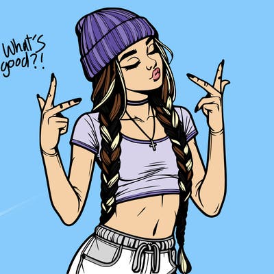 realistic teenage girl with braids and a beanie and crop top doing 🫶🏼
