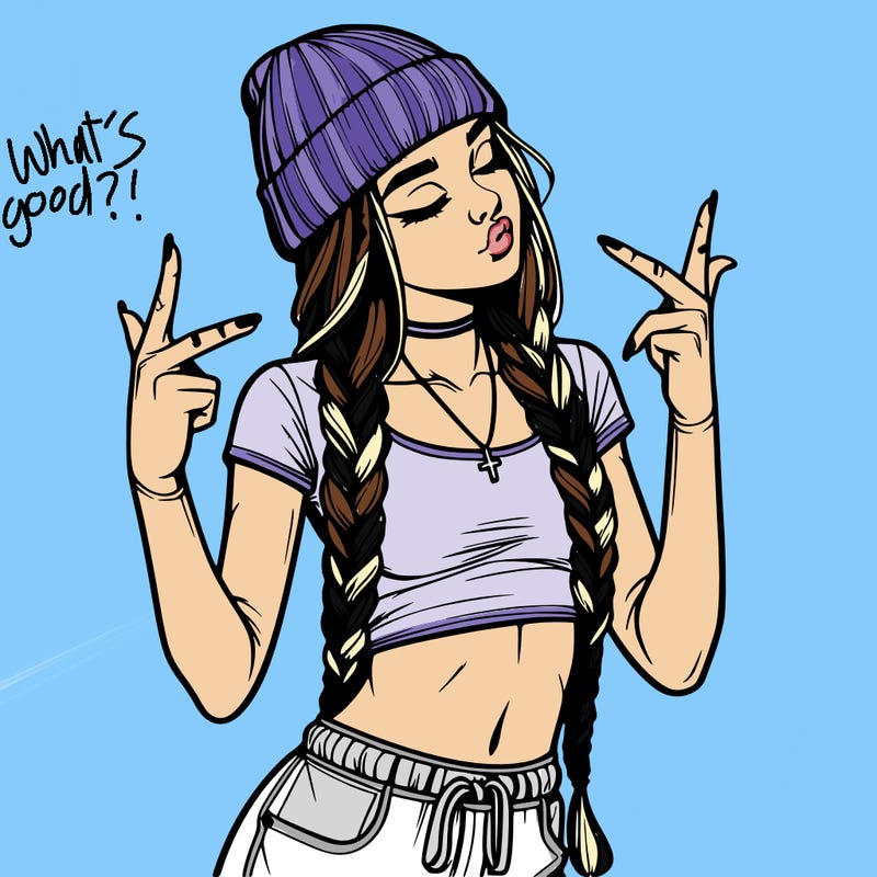 realistic teenage girl with braids and a beanie and crop top doing 🫶🏼