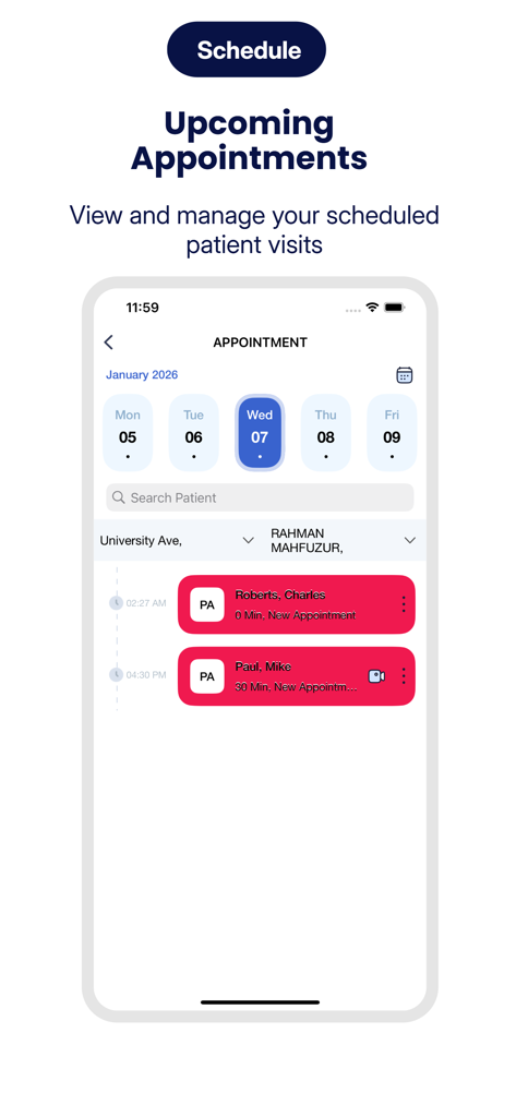 MDConnect by PatientClick - MDConnect app interface showing upcoming patient appointments and daily schedule for healthcare providers