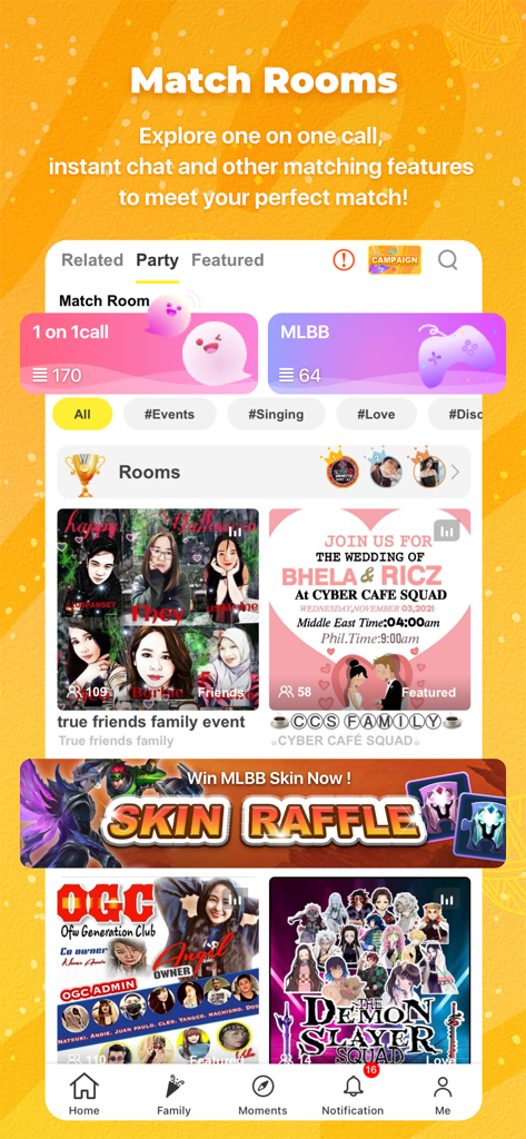 User interface of Calamansi app showing various social rooms and match features for the Pinoy community.
