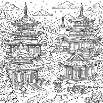 Immerse yourself in the tranquility of this stunning coloring page featuring majestic Buddhist temples nestled within a serene winter landscape. Covered in gentle snow and surrounded by peaceful elements, this design offers a beautiful escape for your coloring journey.