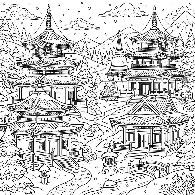Immerse yourself in the tranquility of this stunning coloring page featuring majestic Buddhist temples nestled within a serene winter landscape. Covered in gentle snow and surrounded by peaceful elements, this design offers a beautiful escape for your coloring journey.