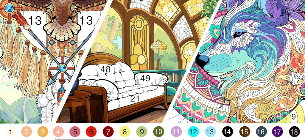 Un collage que muestra tres páginas para colorear diferentes de la app Color Flow con un atrapasueños, una sala de estar acogedora y un lobo vibrante.