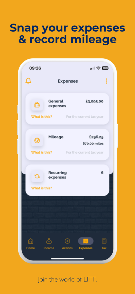 Captura de tela do painel de despesas do aplicativo LITT mostrando despesas gerais e rastreamento de quilometragem comercial para freelancers.
