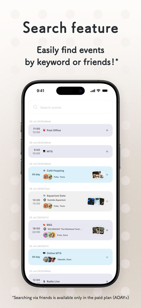 ADAY Simple schedule calendar - Smartphone screen showing the search feature in ADAY app with events organized by date and participants.