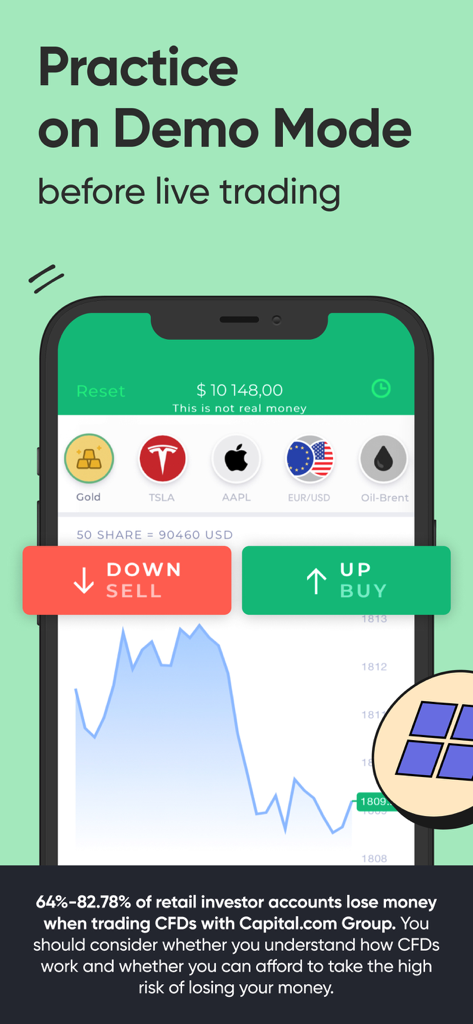 Investmate app screenshot showing a demo trading interface with virtual currency and stock price charts for practice