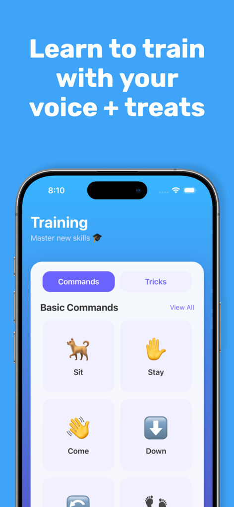 BarkGPT – AI Dog Translator - BarkGPT app screen showing basic dog training commands including sit stay come and down