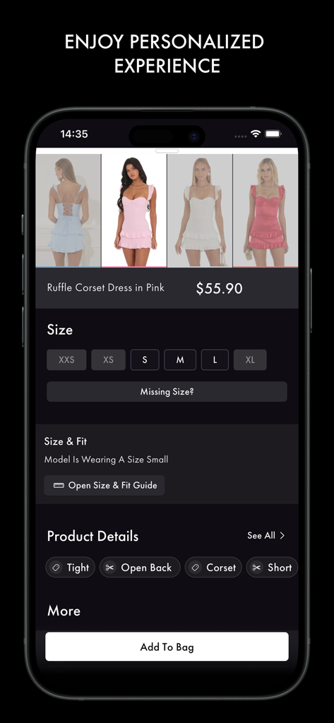 Lucy in the Sky Store - Product details page for a pink ruffle corset dress on the Lucy in the Sky app