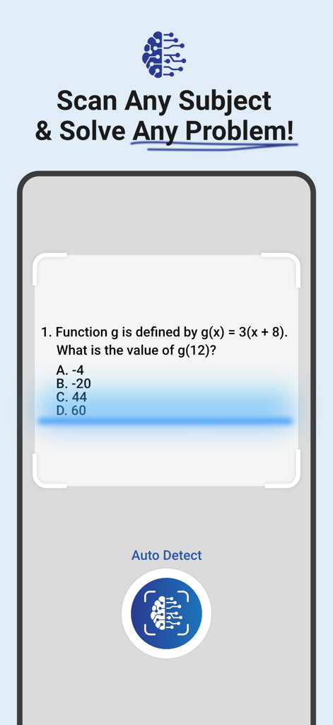 Big Brain - AI Homework Helper - Smartphone screen showing the Big Brain app scanning a math function problem