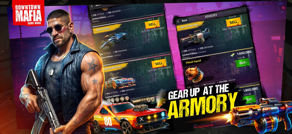 Downtown Mafia: Gang Wars RPG - Downtown Mafia Gang Wars RPG armory screen showing weapons and vehicles with a gangster character