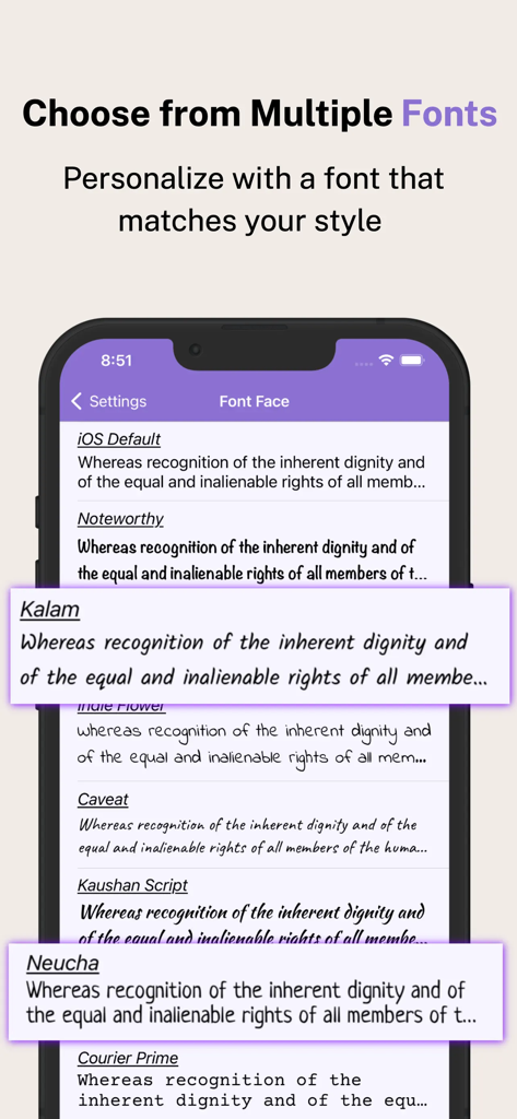 Notepad: Easy Notes & Memos - A smartphone screen displaying various font styles for personalizing notes in the Notepad app.