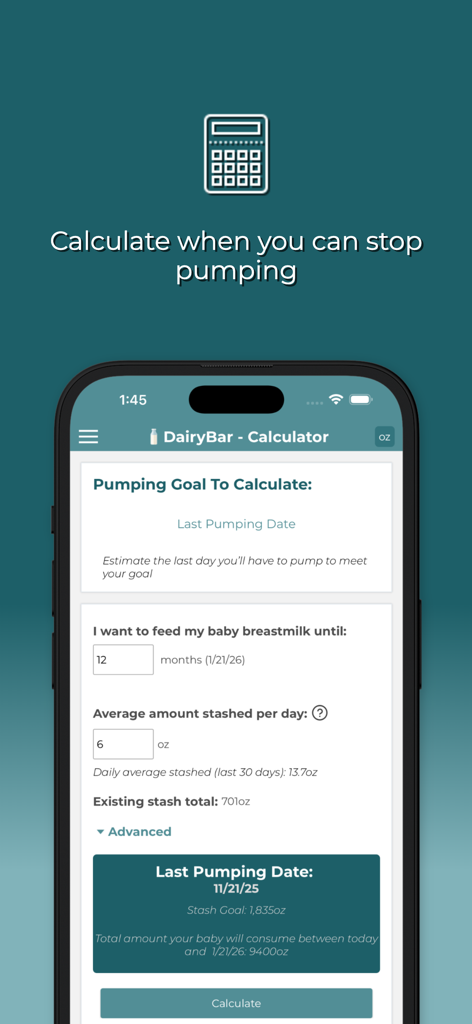 DairyBar - DairyBar mobile app interface for calculating the last pumping date based on breast milk stash