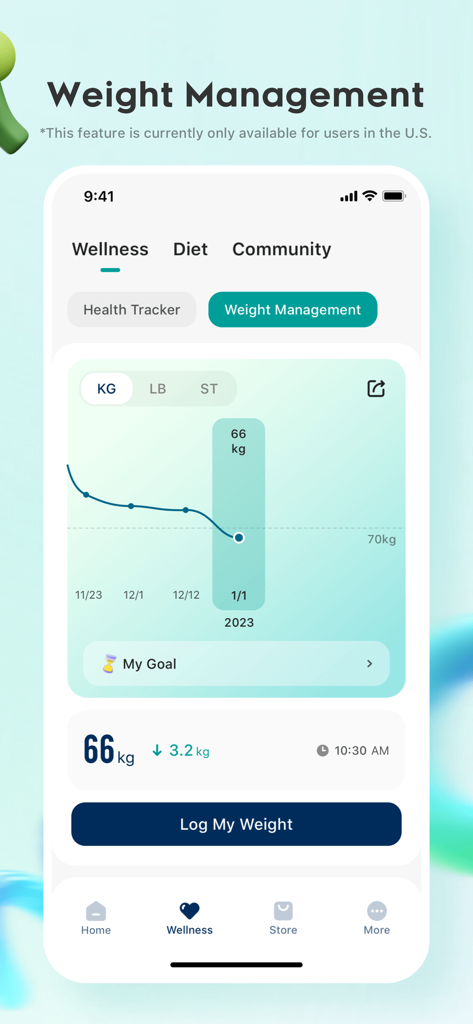 VeSync - VeSync app interface showing the weight management feature with a progress chart and weight log button