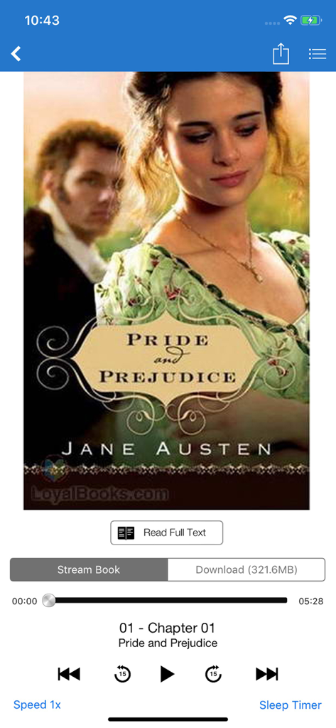 Loyal Books - Loyal Books app audiobook player interface showing Pride and Prejudice by Jane Austen