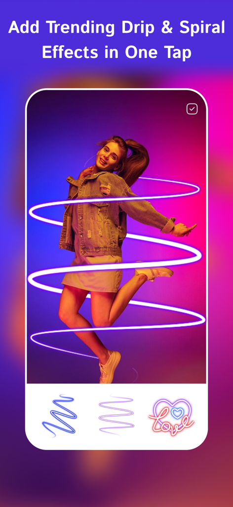 Efecto espiral de neón aplicado a la foto de una mujer en la aplicación PixelLab