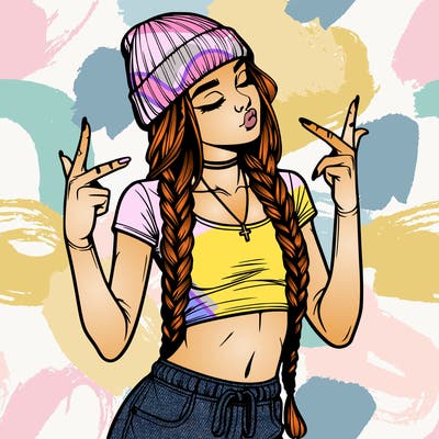 realistic teenage girl with braids and a beanie and crop top doing 🫶🏼