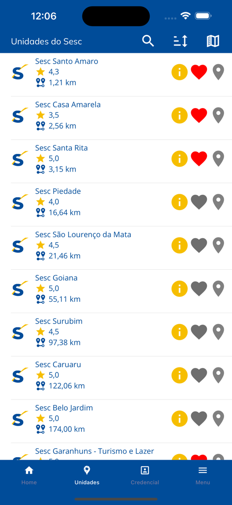 Schermata dell'app mobile SESC PE che mostra un elenco di unità di servizio con valutazioni a stelle e distanze