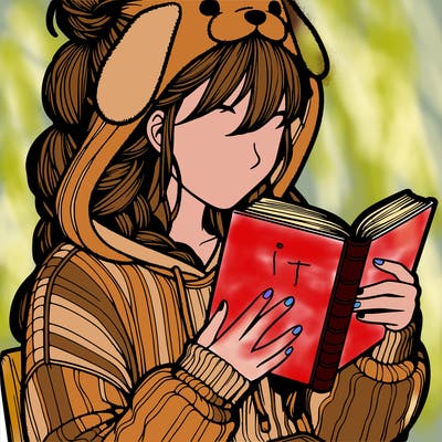 realistic girl in a cozy dog hoodie reading a book