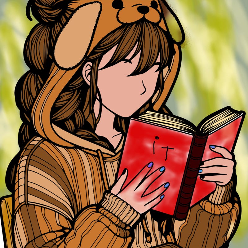 realistic girl in a cozy dog hoodie reading a book