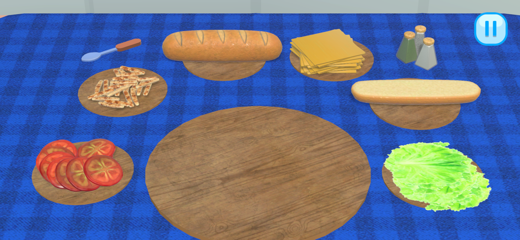 Cooking Time! - Mesa de cocina digital con ingredientes para sándwiches como pan, queso, tomates y lechuga.