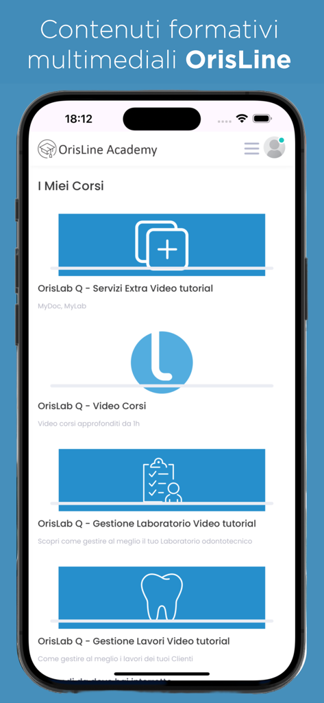 Interfaz de la aplicación MyOris que muestra tutoriales en video de gestión de clínicas y laboratorios dentales