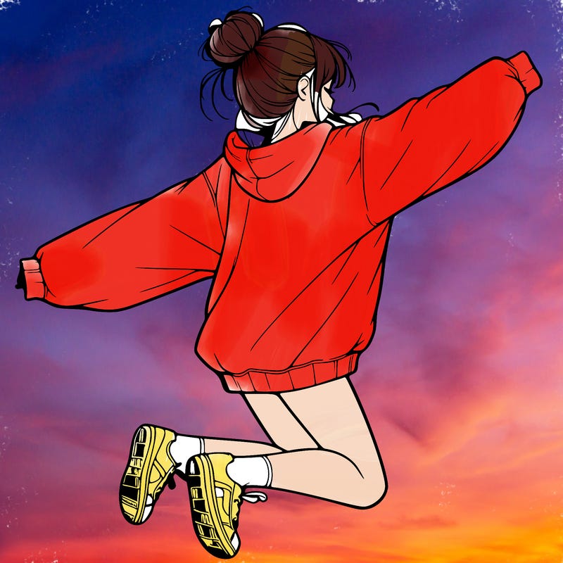 realistic girl jumping with a bun and oversized sweatshirt