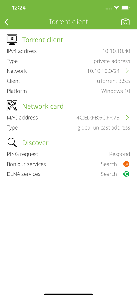 Torrent Detector - Torrent Detector app screen displaying network details and host information for a detected uTorrent client