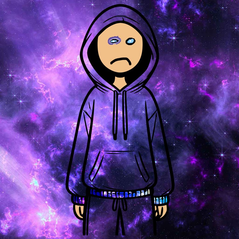 faceless girl in a tracksuit with a hood on and no hair