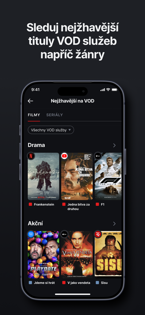 ČSFD - CSFD Mobile App Oberfläche, die angesagte Filme auf VOD-Plattformen wie Netflix und Apple TV anzeigt