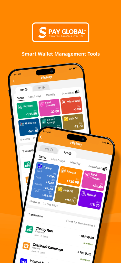 S PAY GLOBAL mobile app transaction history and wallet management screens