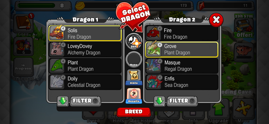 DragonVale - Breed Dragons - ペアにする利用可能なドラゴンの2つのリストを示すDragonValeのドラゴン繁殖選択画面。