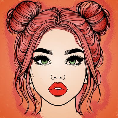 realistic girl with two buns on her hair and lips