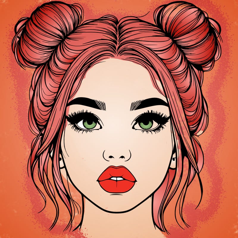 realistic girl with two buns on her hair and lips