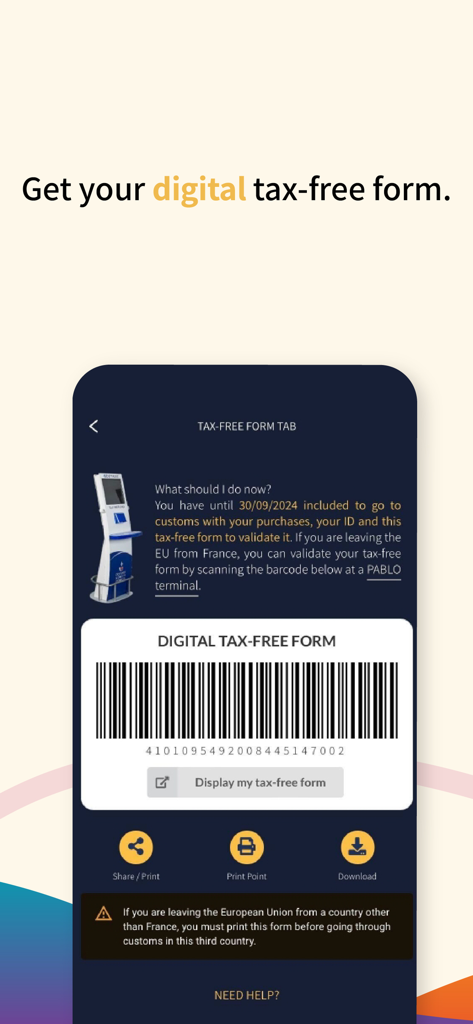 Savin Tax Free app screen displaying a digital tax free form with a scannable barcode for French customs