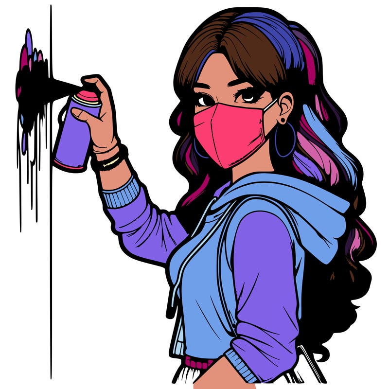 realistic girl with mask spray painting a wall