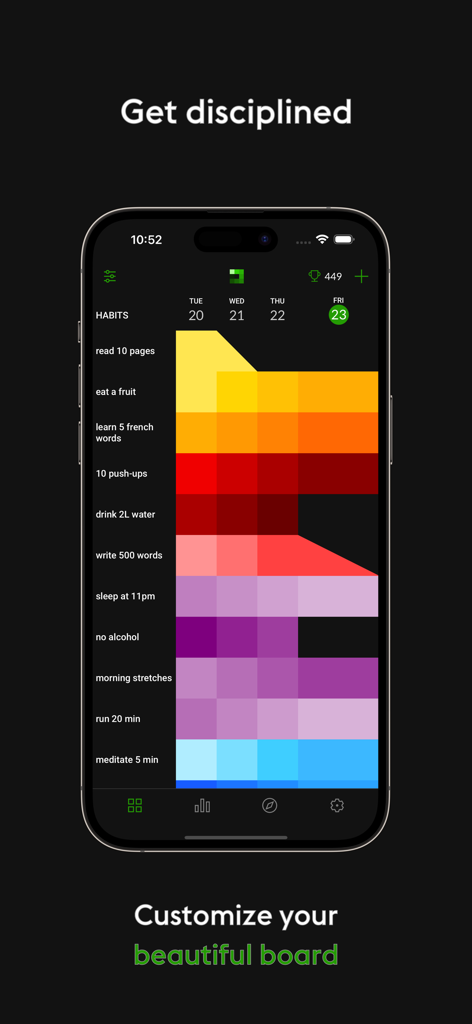 A colorful habit tracking board inside the everyday app on an iPhone