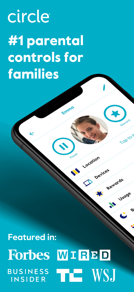 Circleペアレンタルコントロールアプリのインターフェース。子供のプロフィール管理、一時停止や報酬などの機能、主要メディアからの推薦が表示されています。
