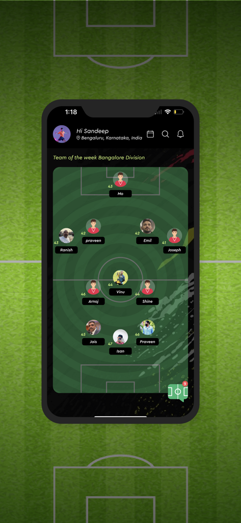 Whistle - Your sports tracker - Schermata dell'app Whistle che visualizza la formazione di una squadra di calcio per la squadra della settimana.