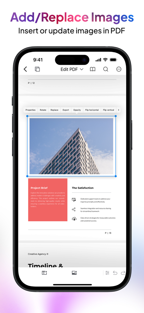 PDF Export - PDF Editor & Scan - iPhone app screen showing how to add and replace images in a PDF document