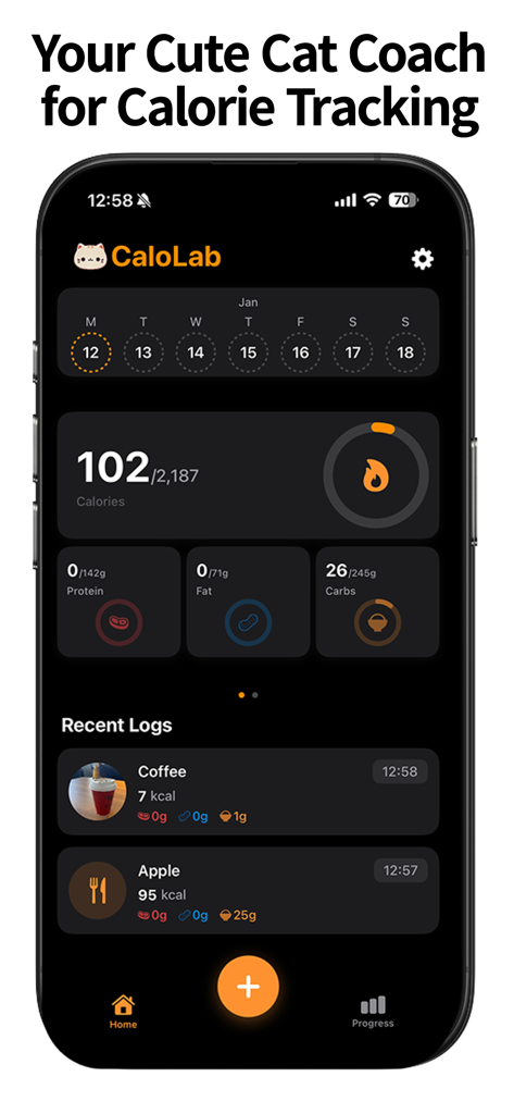 CalLab: Photo Calorie Counter - CalLab app home screen showing daily calorie intake macros and food logs with a cute cat coach theme