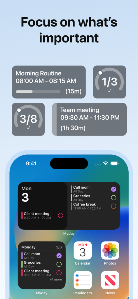 Daily Schedule Planner - MyDay - iPhone home screen displaying aesthetic MyDay app widgets for task tracking and daily scheduling