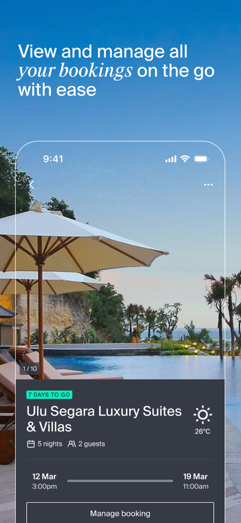 Luxury Escapes: Travel Deals - Luxury Escapes app interface showing a managed hotel booking for a luxury resort