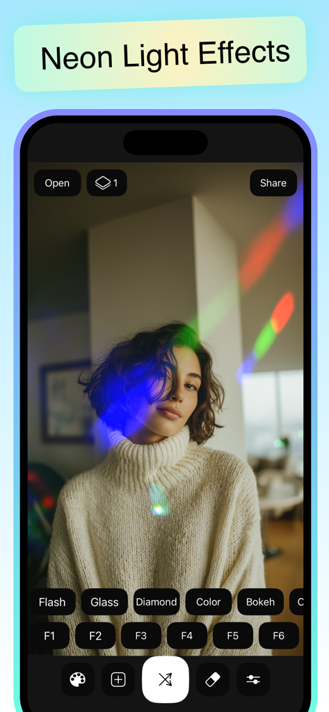 Interfaz de la aplicación Lights que muestra efectos de luz de neón y superposiciones de prismas coloridos en un retrato