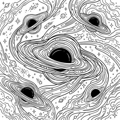 Unleash your inner astronaut with this captivating Stellar Black Holes coloring page. Explore the universe's most mysterious phenomena, featuring multiple black holes and their mesmerizing accretion disks.