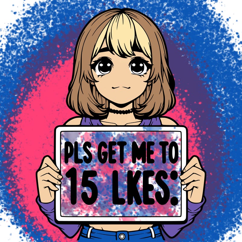 realistic girl holding up a sign that says “pls get me to 15 likes!”