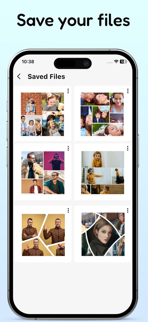 Ein Bildschirm einer mobilen App, der eine Galerie verschiedener gespeicherter Fotocollagen anzeigt