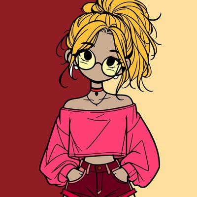 girl with a messy ponytail glasses a baggy crop top and jean shorts