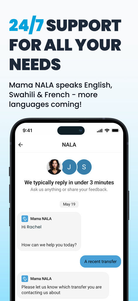 NALA Send Money Globally - NALA mobile app interface displaying 24/7 customer support chat in multiple languages